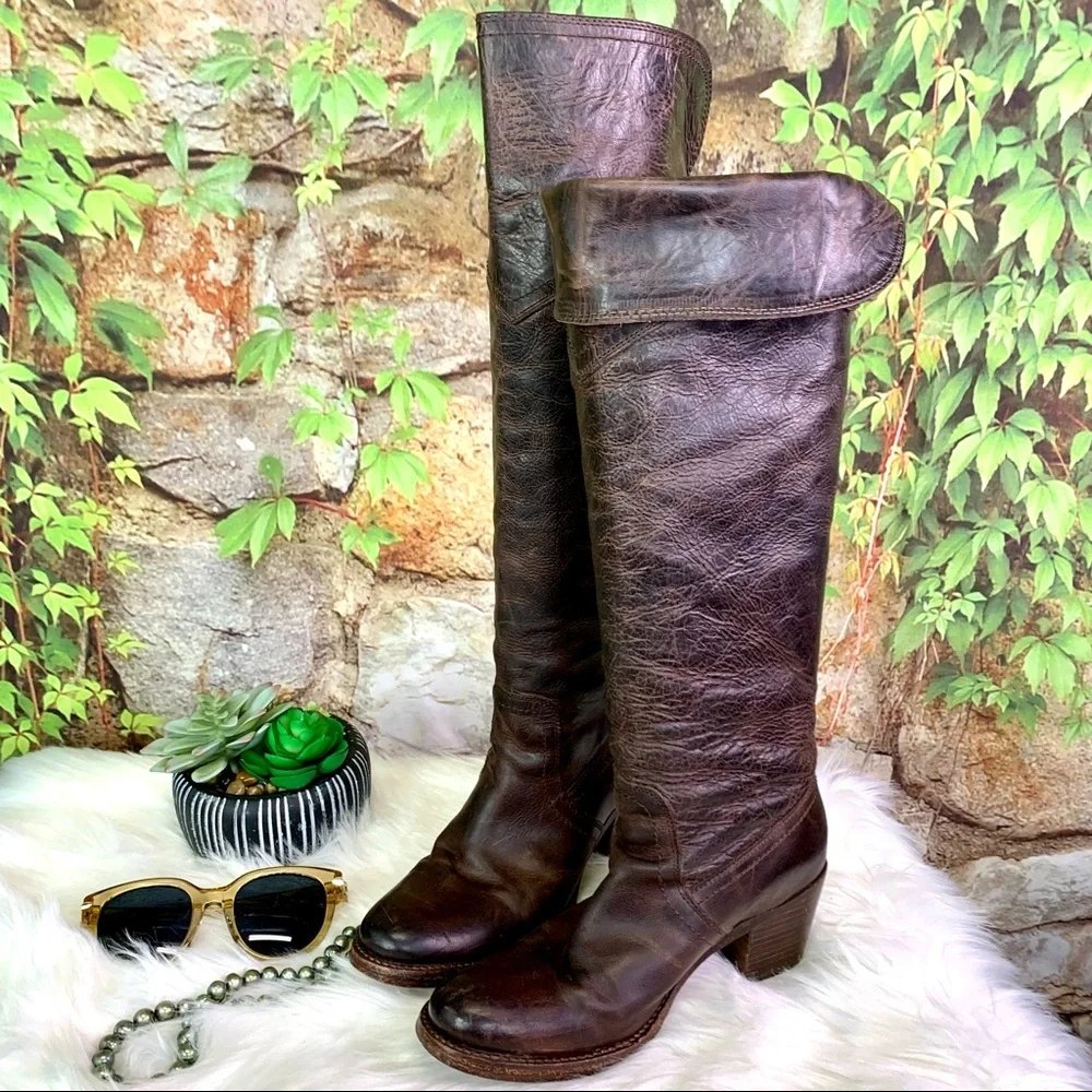 FRYE Classic Brown Jane Tall Cuff OTK Heeled Distressed Leather Boots, 6.5B